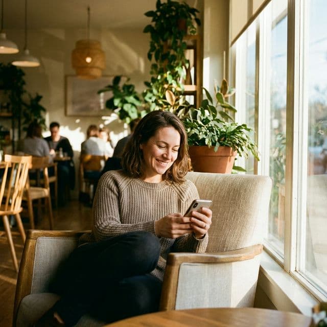 Relaxed person using Your Wellness Partner in a cozy cafe
